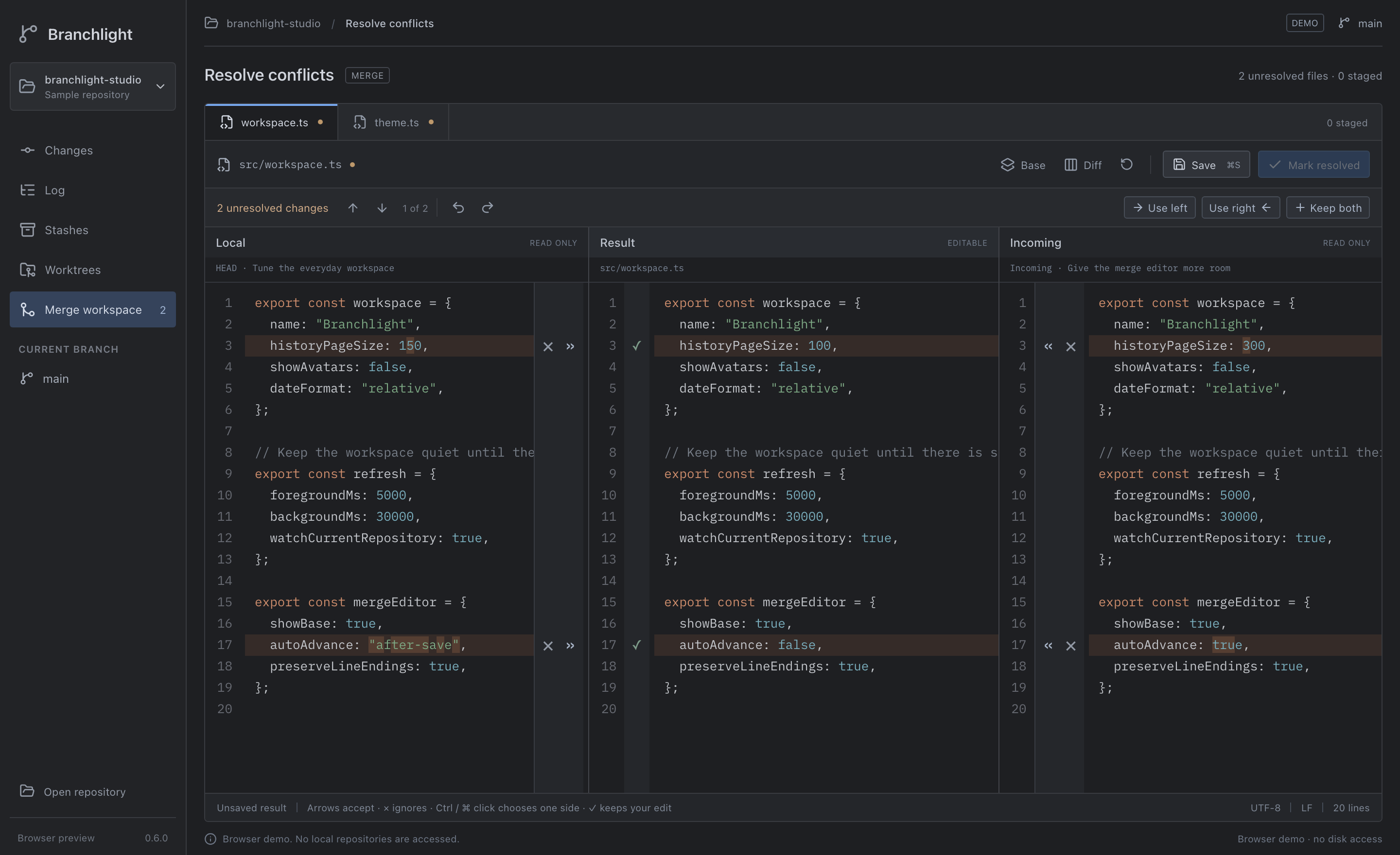 Branchlight's merge workspace: local, editable result and incoming columns with inline accept and ignore controls.